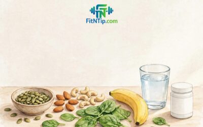 Bowl of pumpkin seeds, nuts and spinach leaves with a glass of water on a wooden table