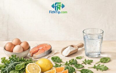Glass of water with collagen powder and protein-rich foods on a kitchen table