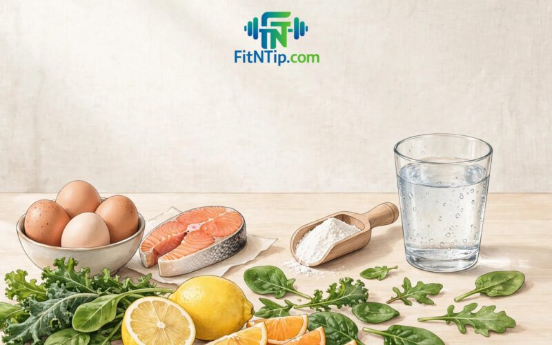 Glass of water with collagen powder and protein-rich foods on a kitchen table