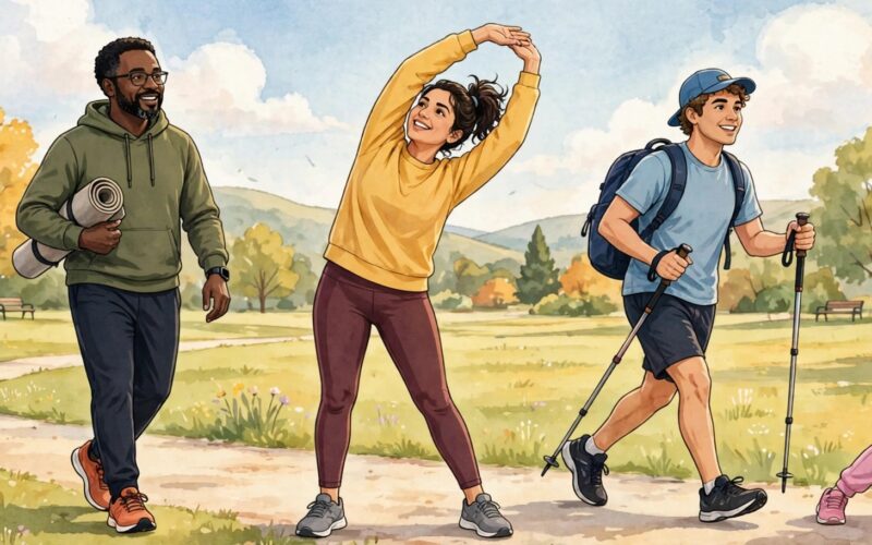 Bone Health at Every Age: What Research Says About Building, Protecting, and Strengthening Bones 1 People of different ages walking and stretching outdoors