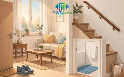 Bright, tidy living room with a staircase handrail and supportive walking shoes by the door