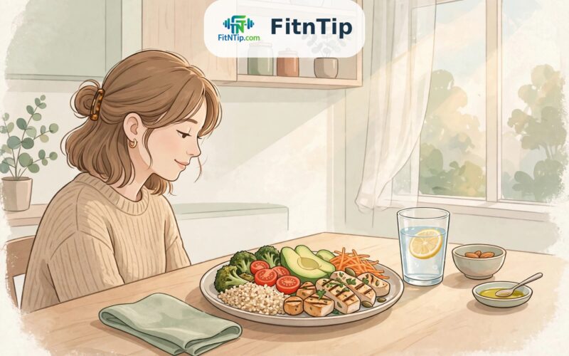 Woman with a balanced plate of vegetables, grains and protein